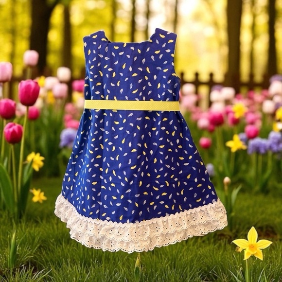 Handmade 4T Blue Dress with Yellow Accents & Eyelet Lace Trim - Picture 4 of 5